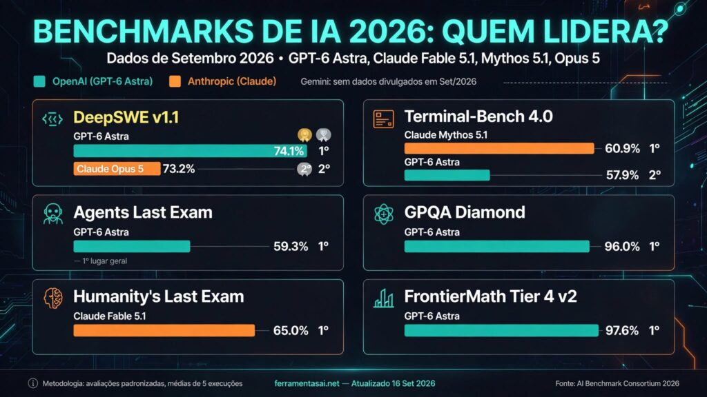 Infográfico comparativo dos benchmarks de IA de setembro de 2026: GPT-6 Astra lidera em DeepSWE v1.1 com 74,1%, Agents Last Exam com 59,3%, GPQA Diamond com 96% e FrontierMath com 97,6%; Claude Mythos 5.1 lidera Terminal-Bench 4.0 com 60,9% e Claude Fable 5.1 lidera Humanity's Last Exam com 65%. Dados de OpenAI e Anthropic.
