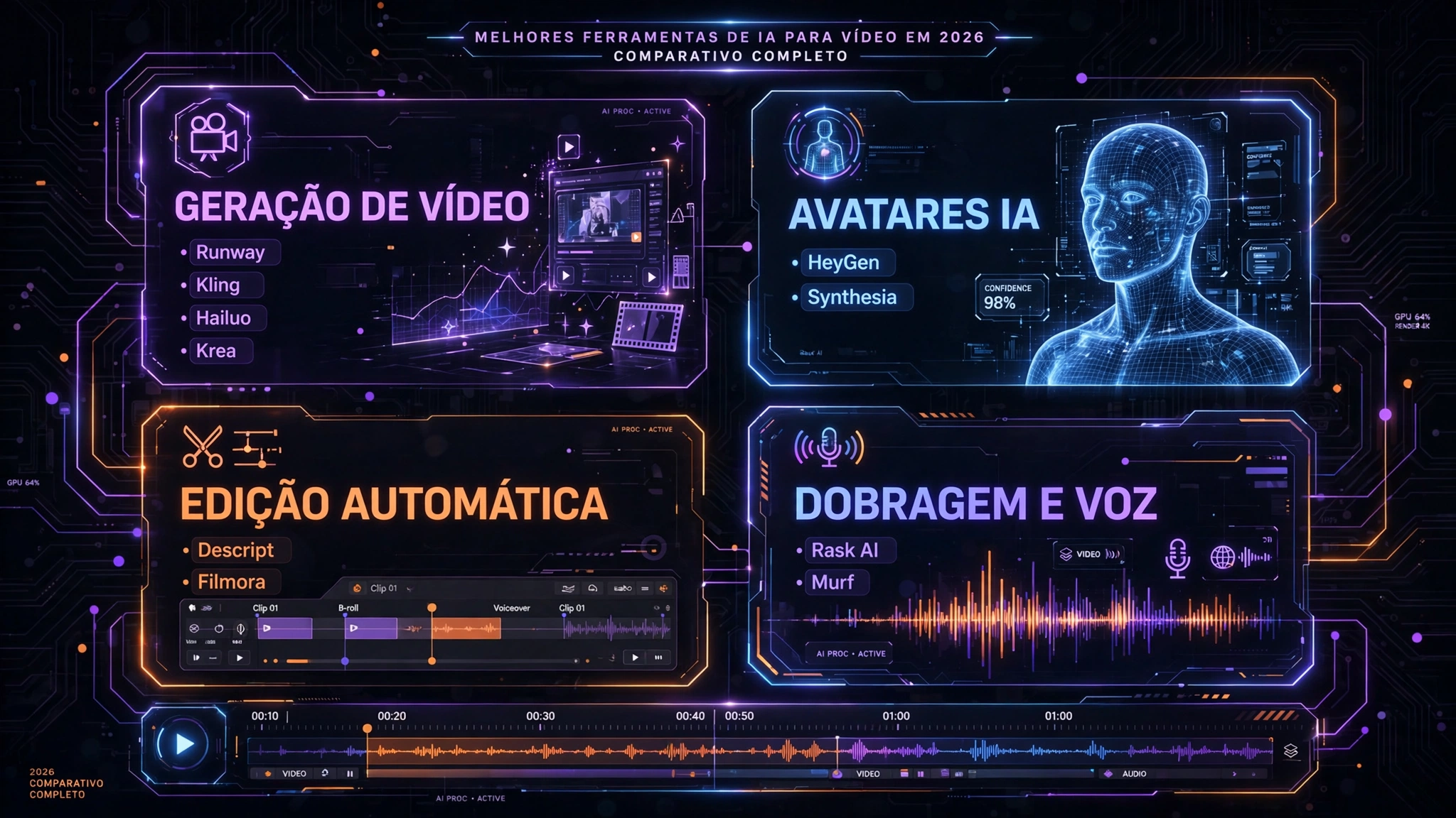 Infográfico comparativo das melhores ferramentas de IA para vídeo em 2026