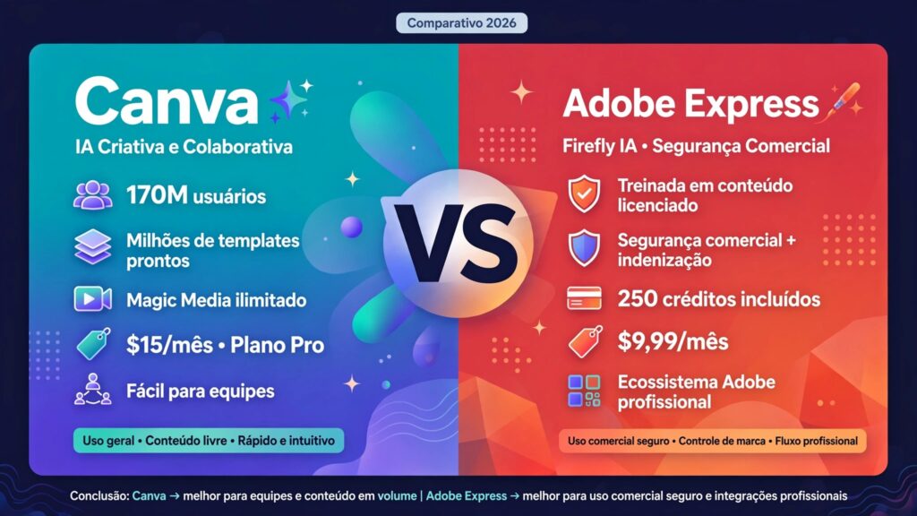 Canva vs Adobe Express: comparação de preços e ferramentas de IA em 2026