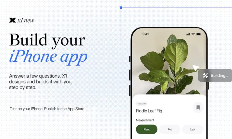 x1, construtor de apps de iPhone por IA, interface de criação passo a passo