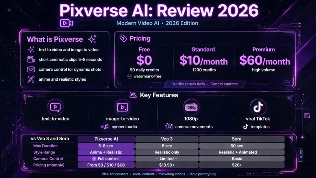 Infográfico Pixverse AI Review 2026 preço e funcionalidades - plano grátis 90 créditos diários sem marca d'água, Standard $10 mês 1200 créditos, Premium $60, text-to-video e image-to-video 1080p com controle de câmera e templates virais TikTok vs Veo 3 e Sora